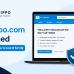 FileHippo.com software download website displayed on a laptop with security and safe download symbols.