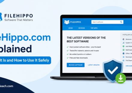 FileHippo.com software download website displayed on a laptop with security and safe download symbols.