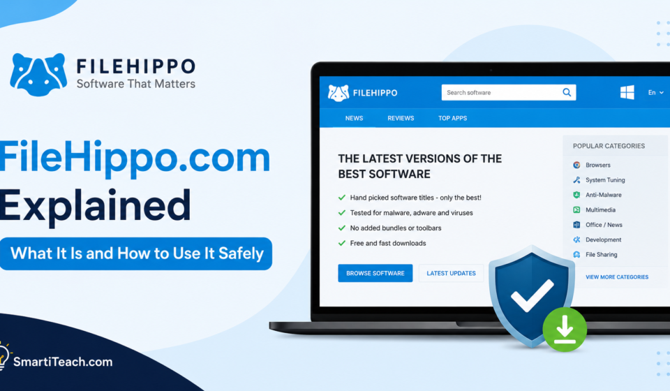 FileHippo.com software download website displayed on a laptop with security and safe download symbols.